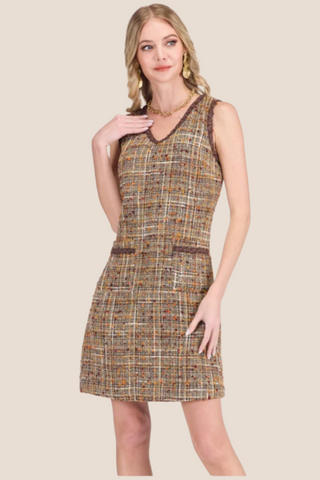 V Neck Trimmed Pocket Dress